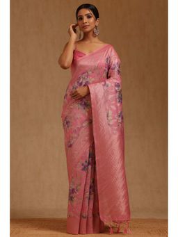 Soch - Pink Chanderi Floral Saree with Unstitched Blouse