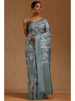 Soch - Blue Chanderi Floral Saree with Unstitched Blouse