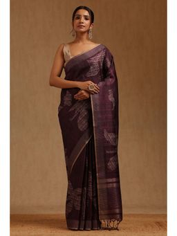 Soch - Wine Tussar Printed Saree with Unstitched Blouse