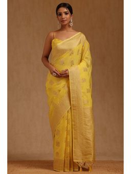 Soch - Yellow Tussar Floral Saree with Unstitched Blouse