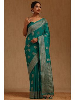 Soch - Teal Tussar Floral Saree with Unstitched Blouse