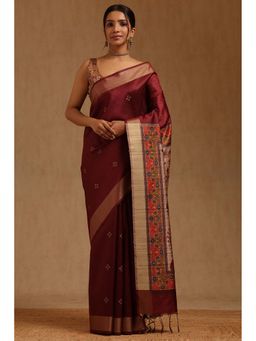 Soch - Maroon Tussar Floral Saree with Unstitched Blouse