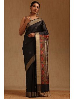 Soch - Black Tussar Floral Saree with Unstitched Blouse