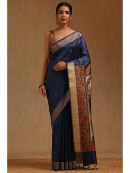 Soch - Navy Blue Tussar Floral Saree with Unstitched Blouse