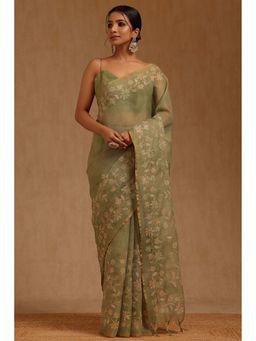 Soch - Olive Linen Floral Saree with Unstitched Blouse