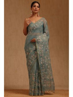 Soch - Blue Linen Floral Saree with Unstitched Blouse
