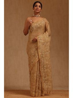 Soch - Beige Linen Floral Saree with Unstitched Blouse