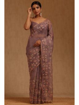 Soch - Purple Linen Floral Saree with Unstitched Blouse