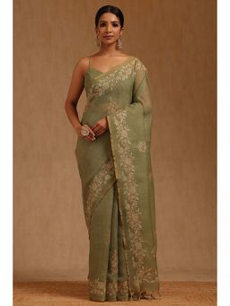 Soch - Green Linen Floral Saree with Unstitched Blouse