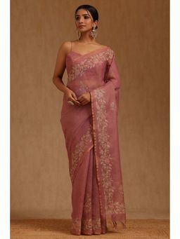 Soch - Pink Linen Floral Saree with Unstitched Blouse