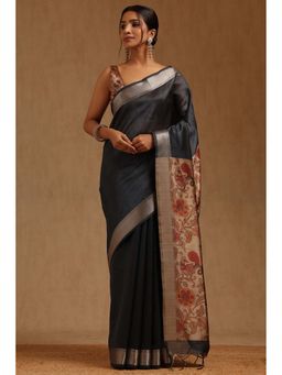 Soch - Charcoal Tussar Floral Saree with Unstitched Blouse