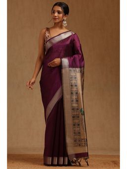 Soch - Wine Tussar Printed Saree with Unstitched Blouse