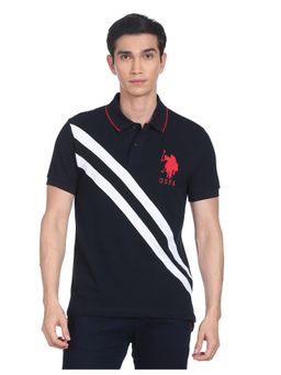 U.S. POLO ASSN. - Men Navy Cotton Pique Diagonal Stripe Polo T-Shirt
