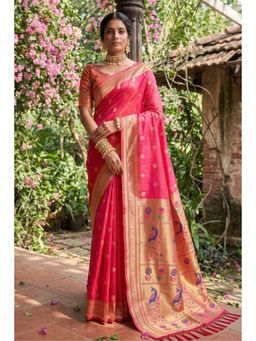 Mysilklove - Cupid Pink Zari Woven Paithani Saree with Unstitched Blouse