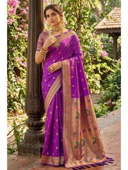 Mysilklove - Plum Purple Zari Woven Paithani Saree with Unstitched Blouse