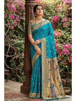 Mysilklove - Ocean Blue Zari Woven Paithani Saree with Unstitched Blouse