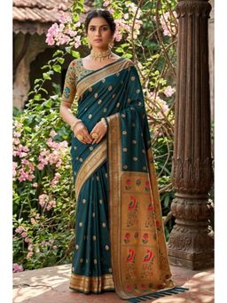 Mysilklove - Bottle Green Zari Woven Paithani Saree with Unstitched Blouse