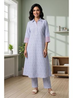 Aurelia - Blue Stripes Collar Neck Straight Kurta & Pant