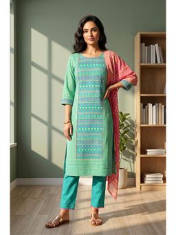 Aurelia - Green Geometric Round Neck Straight Kurta Pant with Dupatta