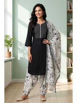 Aurelia - Black Solid/Plain Round Neck Tapered Kurta & Salwar with Dupatta