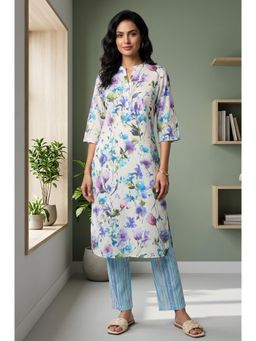Aurelia - Off White Floral Mandarin Neck Straight Kurta & Pant
