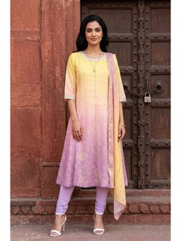 Aurelia - Yellow Printed Round Neck Skinny Anarkali Kurta & Leggings with Dupatta