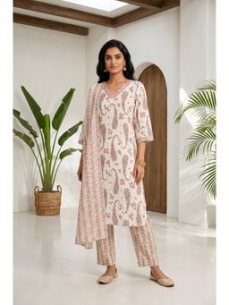 Aurelia - Cream Floral V-Neck Straight Kurta Pant with Dupatta