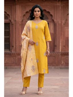 Aurelia - Mustard Embroidered V-Neck Straight Kurta Pant with Dupatta