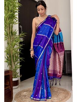 Mysilklove - True Purple Modal Ajrakh Satin Printed Silk Saree with Unstitched Blouse