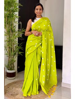 Mysilklove - Leaf Green Cotton Saree with Unstitched Blouse