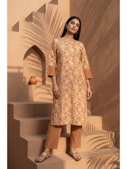Folksong - Mustard Floral Round Neck Straight Kurta & Pant