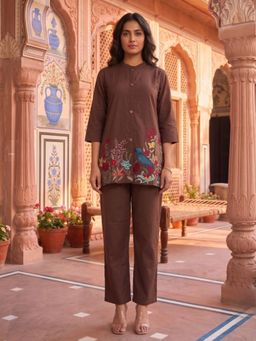 Autumnlane - Brown Embroidered Mandarin Neck Straight Co ord Set
