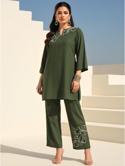 Autumnlane - Olive Solid/Plain Round Neck Straight Co ord Set