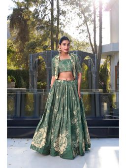 LooknBook Art - Green Floral Square Neck Stitched Lehenga & Blouse with Dupatta
