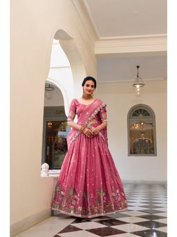 LooknBook Art - Pink Embroidered Sweetheart Stitched Lehenga & Blouse with Dupatta