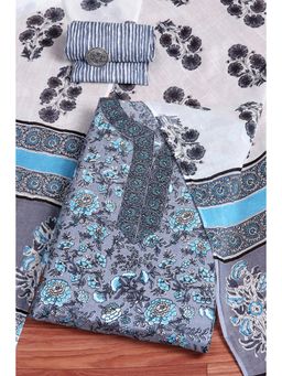 Biba - Grey Floral Printed Unstitched Kurta & Bottom with Dupatta