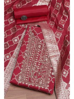 Biba - Red Embroidered Unstitched Kurta & Bottom with Dupatta