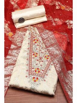 Biba - Red Embroidered Unstitched Kurta & Bottom with Dupatta