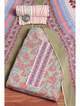 Biba - Green Floral Printed Unstitched Kurta & Bottom with Dupatta
