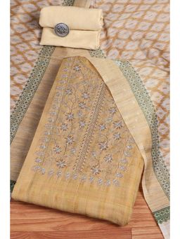 Biba - Beige Embroidered Unstitched Kurta & Bottom with Dupatta