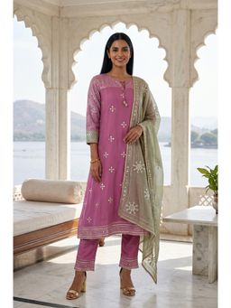 Wishful - Magenta Embroidered Keyhole Neck Straight Kurta Pant with Dupatta