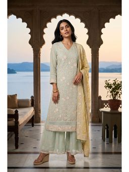 Wishful - Green Embroidered V-Neck Wide Kurta & Palazzo with Dupatta