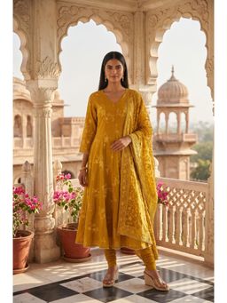 Wishful - Mustard Embroidered V-Neck Skinny Anarkali Kurta & Leggings with Dupatta