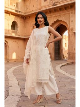 Wishful - Off White Embroidered Round Neck Wide Kurta & Palazzo with Dupatta