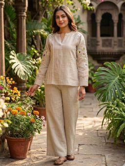 Autumnlane - Beige Solid/Plain Mandarin Neck Straight Co ord Set