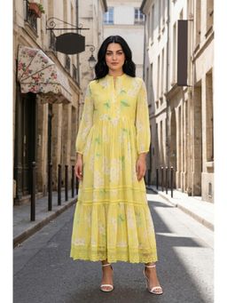 W - Yellow Floral Mandarin Neck Dress