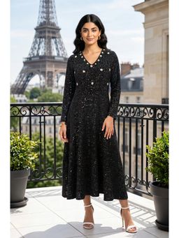 W - Black Embroidered V-Neck Dress