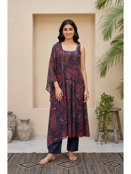 W - Navy Blue Floral Square Neck Straight Kurta Pant with Dupatta