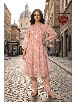 W - Peach Floral Round Neck Straight Kurta & Pant
