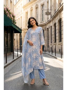 W - Blue Floral V-Neck Straight Kurta Pant with Dupatta